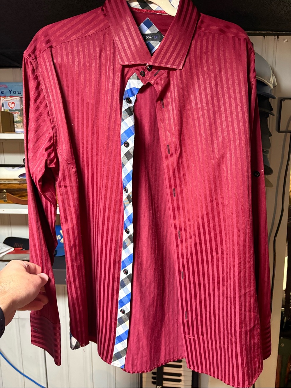 Bespoke Maroon Stripe Dress Shirt with Blue-Check Placket